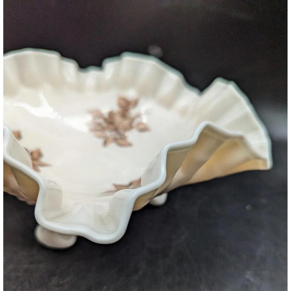 Vintage Fenton Beige & Brown flowers Hand-Painted Candy Dish Bowl Footed 8